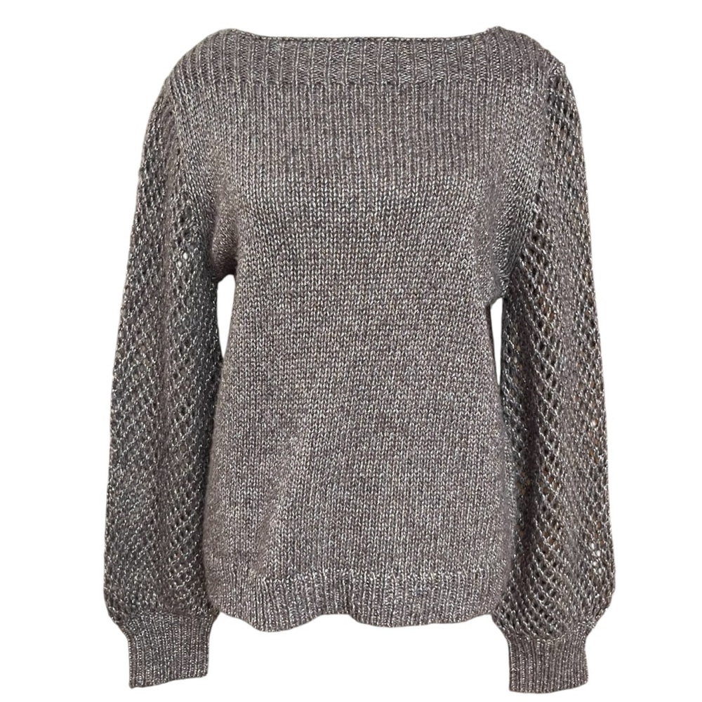Tommy Bahama Gray/Brown/Metallic Soft Knit Sweater Open Knit Balloon Sleeves. SP